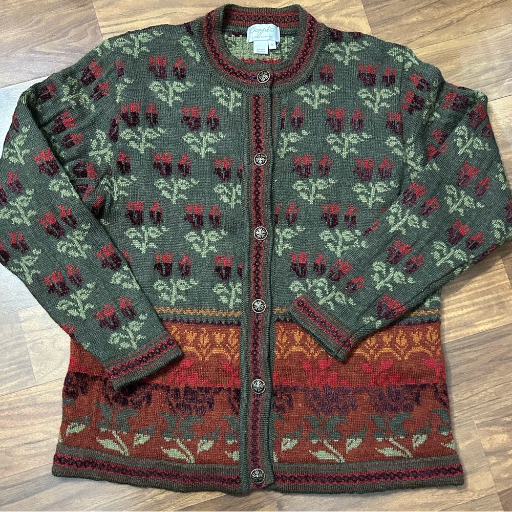 Vintage Cherry Lewis Women's M Wool Blend Floral Nordic Patter Cardigan Sweater